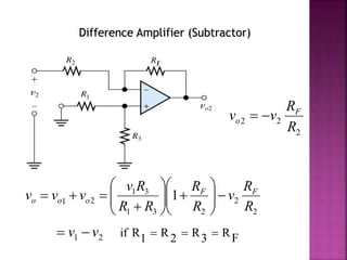 Difference Amplifier (Subtractor)
2
22
R
R
vv F
o 
2
2
231
31
21
1
R
R
v
R
R
RR
Rv
vvv FF
ooo 













FR3R2R1Rif21  vv
 