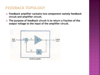  Feedback amplifier contains two component namely feedback
circuit and amplifier circuit.
 The purpose of feedback circuit is to return a fraction of the
output voltage to the input of the amplifier circuit.
 