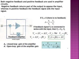 Both negative feedback and positive feedback are used in amplifier
circuits.
Negative feedback returns part of the output to oppose the input,
whereas in positive feedback the feedback signal aids the input
signal.
 