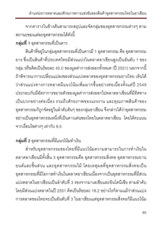 ตําแหนงการตลาดและศักยภาพการแขงขันของสินคาอุตสาหกรรมไทยในอาเซียน
85
จากตารางในขางตนสามารถสรุปและจัดกลุมของอุตสาหกรรมตางๆ ตาม
สถานะของแตละอุตสาหกรรมไดดังนี้
กลุมที่ 1 อุตสาหกรรมที่เปนดาว
สินคาที่อยูในกลุมอุตสาหกรรมที่เปนดาวมี 1 อุตสาหกรรม คือ อุตสาหกรรม
ยาง ซึ่งเปนสินคาที่ประเทศไทยมีสวนแบงในตลาดอาเซียนสูงเปนอันดับ 1 ของ
กลุม หรือคิดเปนรอยละ 45.0 ของมูลคาการสงออกทั้งหมด (ป 2551) นอกจากนี้
ถาพิจารณาการเปลี่ยนแปลงของสวนแบงตลาดของอุตสาหกรรมยางไทย เห็นได
วาสวนแบงทางการตลาดมีแนวโนมเพิ่มมากขึ้นอยางตอเนื่องตั้งแตป 2549
ประกอบกับมีอัตราการขยายตัวของมูลคาการสงออกไปตลาดอาเซียนที่มีทิศทาง
เปนบวกอยางตอเนื่อง รวมถึงศักยภาพของแรงงาน และคุณภาพสินคาของ
อุตสาหกรรมก็ถูกจัดอยูในลําดับตนๆ ของกลุมอาเซียน จึงกลาวไดวาอุตสาหกรรม
อยางเปนอุตสาหกรรมหนึ่งที่เปนดาวเดนของไทยในตลาดอาเซียน โดยไดคะแนน
จากเงื่อนไขตางๆ เทากับ 8.5
กลุมที่ 2 อุตสาหกรรมที่มีแนวโนมทําเงิน
สําหรับอุตสาหกรรมของไทยที่มีแนวโนมความสามารถในการทําเงินใน
ตลาดอาเซียนมีทั้งสิ้น 3 อุตสาหกรรมคือ อุตสาหกรรมสิ่งทอ อุตสาหกรรมยาน
ยนตและชิ้นสวน และอุตสาหกรรมไม โดยเหตุผลที่อุตสาหกรรมสิ่งทอเปน
อุตสาหกรรมที่มีโอกาสทําเงินในตลาดอาเซียนเนื่องจากเปนอุตสาหกรรมที่มีสวน
แบงตลาดในอาเซียนเปนลําดับที่ 3 รองจากมาเลเซียและอินโดนีเซีย ตามลําดับ
โดยมีสวนแบงตลาดในป 2551 คิดเปนรอยละ 18.2 อยางไรก็ตามแมวาสวนแบง
การตลาดของไทยจะเปนอันดับที่ 3 ในอาเซียนแตอุตสาหกรรมสิ่งทอก็มีแนวโนม
 