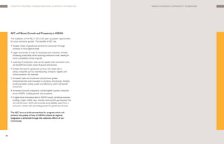 CHARTING PROGRESS TOWARDS REGIONAL ECONOMIC INTEGRATION                  ASEAN EcoNomic commuNity ScorEcArd




     AEC will Boost Growth and Prosperity in ASEAN

     The realisation of the AEC in 2015 will open up greater opportunities
     for socio-economic growth. The benefits of AEC are:
     • Greater choice of goods and services for consumers through
       increases in intra-regional trade
     • Larger economies of scale for businesses and industries, thereby
       increasing productivity while reducing production costs, leading to
       more competitive pricing of goods
     • Lowering of production costs can be passed onto consumers who
       can benefit from lower prices of goods and services
     • Greater demand for goods and services will create jobs in
       various industries such as manufacturing, transport, logistics and
       communications, for example
     • Increased trade and investment will promote greater
       entrepreneurship and innovation in products and services, thereby
       producing better variety, quality and efficiency, which will benefit
       consumers
     • Increased economic integration will strengthen business networks
       across ASEAN, building growth and prosperity
     • A higher level of employment in ASEAN would contribute towards
       building a larger middle class, thereby reducing the gap between the
       rich and the poor, which will promote social stability, apart from a
       consumer market with purchasing power for goods and services

     The AEC aims to build partnerships for progress which will
     enhance the quality of lives of ASEAN citizens as regional
     integration is achieved through the collective efforts of our
     Community.




18
 