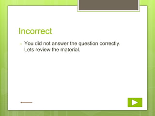 Incorrect
○ You did not answer the question correctly.
Lets review the material.
 
