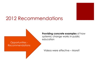 2012 Recommendations
Providing concrete examples of how
systemic change works in public
education
Opportunities Recommendations
Videos were effective – More?

 