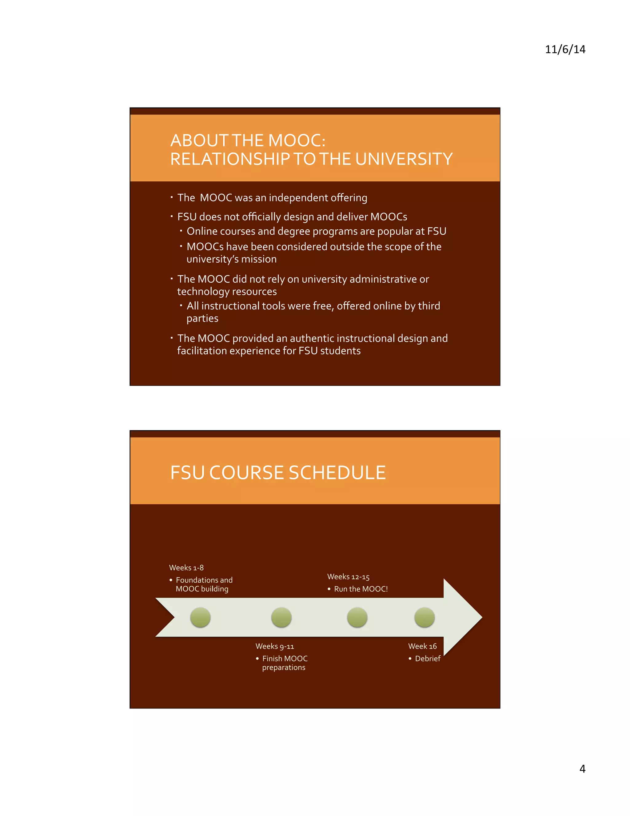 11/6/14 
4 
ABOUT 
THE 
MOOC: 
RELATIONSHIP 
TO 
THE 
UNIVERSITY 
The 
MOOC 
was 
an 
independent 
offering 
FSU 
does 
not 
officially 
design 
and 
deliver 
MOOCs 
Online 
courses 
and 
degree 
programs 
are 
popular 
at 
FSU 
MOOCs 
have 
been 
considered 
outside 
the 
scope 
of 
the 
university’s 
mission 
The 
MOOC 
did 
not 
rely 
on 
university 
administrative 
or 
technology 
resources 
All 
instructional 
tools 
were 
free, 
offered 
online 
by 
third 
parties 
The 
MOOC 
provided 
an 
authentic 
instructional 
design 
and 
facilitation 
experience 
for 
FSU 
students 
FSU 
COURSE 
SCHEDULE 
Weeks 
1-­‐8 
• Foundations 
and 
MOOC 
building 
Weeks 
9-­‐11 
• Finish 
MOOC 
preparations 
Weeks 
12-­‐15 
• Run 
the 
MOOC! 
Week 
16 
• Debrief 
 