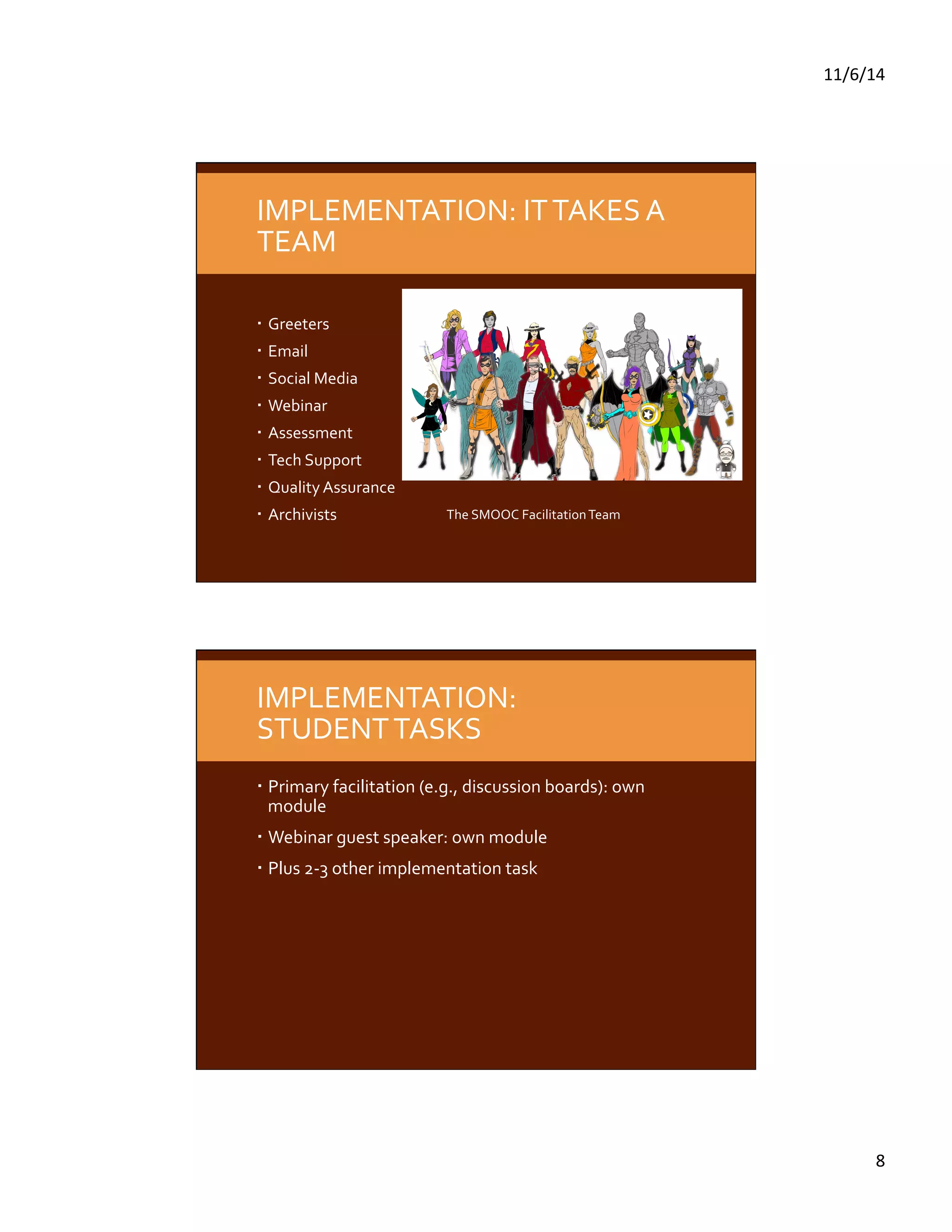 11/6/14 
8 
IMPLEMENTATION: 
IT 
TAKES 
A 
TEAM 
Greeters 
Email 
Social 
Media 
Webinar 
Assessment 
Tech 
Support 
Quality 
Assurance 
Archivists 
The 
SMOOC 
Facilitation 
Team 
IMPLEMENTATION: 
STUDENT 
TASKS 
Primary 
facilitation 
(e.g., 
discussion 
boards): 
own 
module 
Webinar 
guest 
speaker: 
own 
module 
Plus 
2-­‐3 
other 
implementation 
task 
 