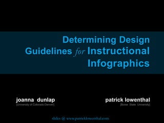 Determining Design 
Guidelines for Instructional 
Infographics 
joanna dunlap 
[University of Colorado Denver] 
patrick lowenthal 
[Boise State University] 
slides @ www.patricklowenthal.com 
 
