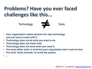 R
@AECT17, Isa Jahnke / www.isajahnke.net
Problems? Have you ever faced
challenges like this...
• Your organization makes decision for new technology
and you have to work with it
• Technology does not do what you want to do
• Technology does not match task
• Technology does not work when you need it
• You have better tools in mind but your organization don‘t want to hear
• You built “work arounds“ to avoid the system
• …
Technology Tasks
 