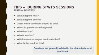 TIPS -- DURING STWTS SESSIONS
GENERAL QUESTIONS
• What happens next?
• What happens before?
• Under which conditions do you do this?
• When do you do something else?
• Who does that?
• Who is involved?
• Which resources do you need to do that?
• What is the result of this?
Questions are generally related to the characteristics of
processes.
 