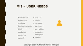 MIS – USER NEEDS
• collaboration
• engagement
• feedback
• hands-on activities
• LMS
• marketing
• mentoring
• network
• practice
• profile
• resources
• showcase
• story telling
• supportive
atmosphere
• training
Copyright 2017 Dr. Michelle Ferrier All Rights
 