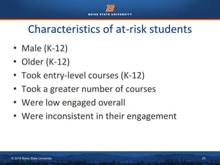 © 2016 Boise State University 25
Characteristics of at-risk students
• Male (K-12)
• Older (K-12)
• Took entry-level courses (K-12)
• Took a greater number of courses
• Were low engaged overall
• Were inconsistent in their engagement
 