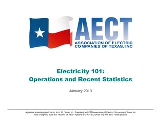  
Electricity	
  101:	
  The	
  Electric	
  Industry	
  in	
  Texas	
  
	
  
July	
  2015	
  
Legisla;ve	
  adver;sing	
  paid	
  for	
  by:	
  John	
  W.	
  Fainter,	
  Jr.	
  •	
  President	
  and	
  CEO	
  Associa;on	
  of	
  Electric	
  Companies	
  of	
  Texas,	
  Inc.	
  
1005	
  Congress,	
  Suite	
  600	
  •	
  Aus;n,	
  TX	
  78701	
  •	
  phone	
  512-­‐474-­‐6725	
  •	
  fax	
  512-­‐474-­‐9670	
  •	
  www.aect.net	
  
 
