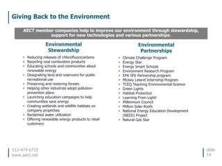 512-474-6725
www.aect.net
Giving Back to the Environment
slide
14
AECT member companies help to improve our environment through stewardship,
support for new technologies and various partnerships.
Environmental
Stewardship
• Reducing releases of chlorofluorocarbons
• Recycling coal combustion products
• Educating schools and communities about
renewable energy
• Designating land and reservoirs for public
recreational use
• Preserving and restoring forests
• Helping other industries adopt pollution-
prevention plans
• Launching education campaigns to help
communities save energy
• Creating wetlands and wildlife habitats on
company properties
• Reclaimed water utilization
• Offering renewable energy products to retail
customers
Environmental
Partnerships
• Climate Challenge Program
• Energy Star
• Energy Smart Schools
• Environment Research Program
• EPA SF6 Partnership program
• Mickey Leland Internship Program
• TCEQ Teaching Environmental Science
• Green Lights
• Habitat Protection
• Learning From Light!
• Millennium Council
• Million Solar Roofs
• National Energy Education Development
(NEED) Project
• Natural Gas Star
 