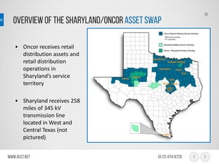 Overview of the Sharyland/Oncor Asset Swap
www.aect.net (512) 474-6725
19
• Oncor receives retail
distribution assets and
retail distribution
operations in
Sharyland’s service
territory
• Sharyland receives 258
miles of 345 kV
transmission line
located in West and
Central Texas (not
pictured)
 