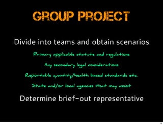 Divide into teams and obtain scenarios
Primary applicable statute and regulations
Any secondary legal considerations
Reportable quantity/health based standards etc.
State and/or local agencies that may assist
Determine brief-out representative
Group Project
15
 