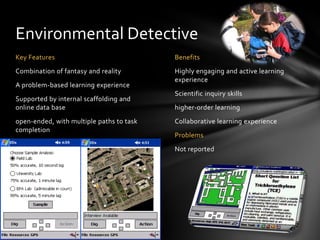 Environmental Detective
Key Features                              Benefits
Combination of fantasy and reality        Highly engaging and active learning
                                          experience
A problem-based learning experience
                                          Scientific inquiry skills
Supported by internal scaffolding and
online data base                          higher-order learning
open-ended, with multiple paths to task   Collaborative learning experience
completion
                                          Problems
                                          Not reported
 