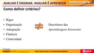 Como definir critérios?
• Rigor
• Organização Descritores das
• Adequação Aprendizagens Essenciais
• Fluência
• Criatividade
AVALIAR É ENSINAR. AVALIAR É APRENDER
Maria João Pereira | Fernanda Bela Delindro
 