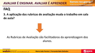 FAQ
3. A aplicação das rubricas de avaliação muda o trabalho em sala
de aula?
As Rubricas de Avaliação são facilitadoras da aprendizagem dos
alunos.
AVALIAR É ENSINAR. AVALIAR É APRENDER
Maria João Pereira | Fernanda Bela Delindro
 