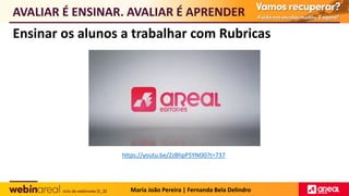 Ensinar os alunos a trabalhar com Rubricas
AVALIAR É ENSINAR. AVALIAR É APRENDER
Maria João Pereira | Fernanda Bela Delindro
https://youtu.be/ZzBhpP5YNO0?t=737
 