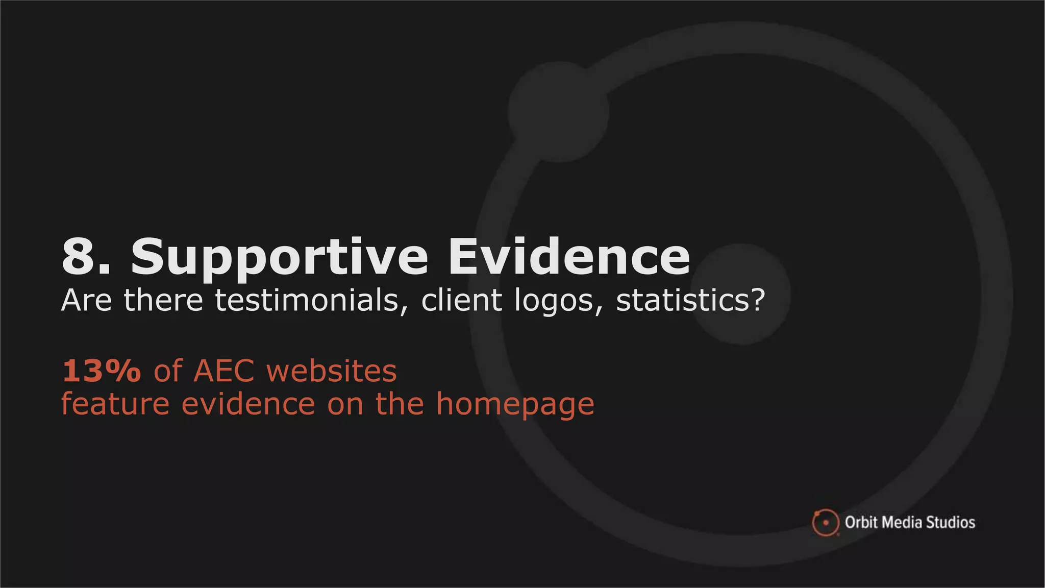 8. Supportive Evidence
Are there testimonials, client logos, statistics?
13% of AEC websites
feature evidence on the homepage
 