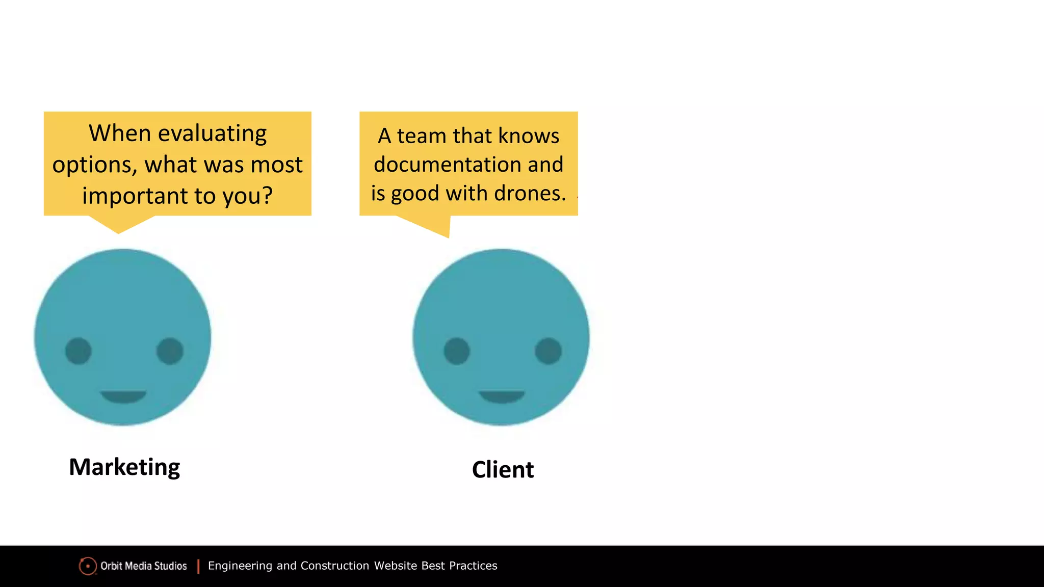Engineering and Construction Website Best Practices
When evaluating
options, what was most
important to you?
A team that knows
documentation and
is good with drones.
Security
Marketing Client
Scalability
 