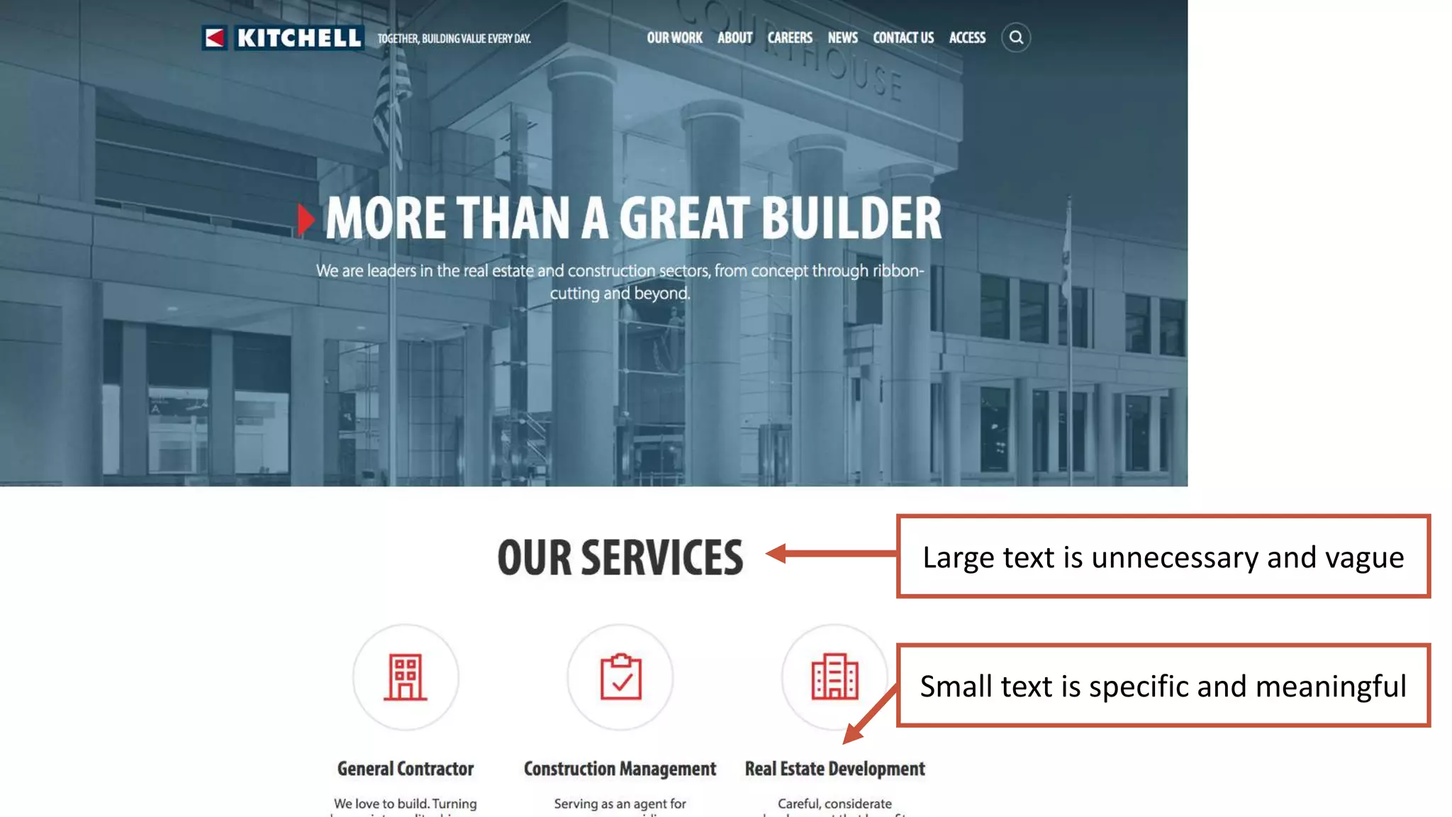 Large text is unnecessary and vague
Small text is specific and meaningful
 