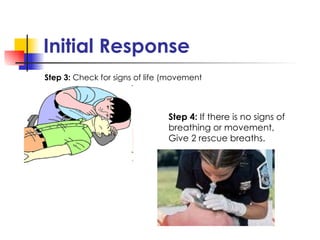 Initial Response Step 3:  Check for signs of life (movement  and breathing) Step 4:  If there is no signs of breathing or movement, Give 2 rescue breaths. 