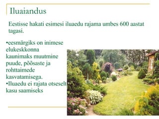 Iluaiandus Eestisse hakati esimesi iluaedu rajama umbes 600 aastat tagasi.  eesmärgiks on inimese elukeskkonna kaunimaks muutmine puude, põõsaste ja rohttaimede kasvatamisega.  Iluaedu ei rajata otseselt kasu saamiseks  