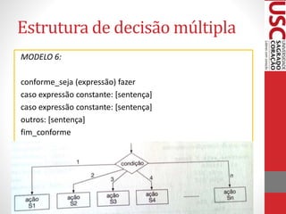 Estrutura de decisão múltipla
MODELO 6:
conforme_seja (expressão) fazer
caso expressão constante: [sentença]
caso expressão constante: [sentença]
outros: [sentença]
fim_conforme

 