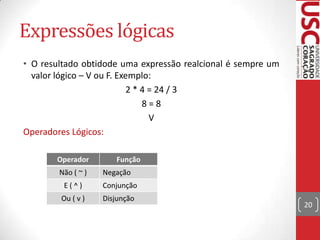 Expressões lógicas
• O resultado obtidode uma expressão realcional é sempre um
valor lógico – V ou F. Exemplo:
2 * 4 = 24 / 3
8=8
V
Operadores Lógicos:
Operador
Não ( ~ )

Função
Negação

E(^)

Conjunção

Ou ( v )

Disjunção

20

 
