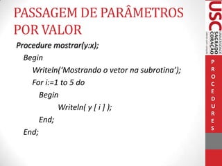 PASSAGEM DE PARÂMETROS
POR VALOR
Procedure mostrar(y:x);
Begin
Writeln(‘Mostrando o vetor na subrotina’);
For i:=1 to 5 do
Begin
Writeln( y [ i ] );
End;
End;

P
R
O
C
E
D
U
R
E
S

 