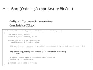HeapSort (Ordenação por Árvore Binária)
void constroiHeap( int *p_vetor, int tamanho, int indice_raiz )
{
int ramificacao, valor;
valor = p_vetor[ indice_raiz ];
while( indice_raiz <= tamanho/2 ){
ramificacao = 2 * indice_raiz;
if( ramificacao < tamanho && p_vetor[ ramificacao ] < p_vetor[ ramificacao + 1 ]
) ramificacao++;
if( valor >= p_vetor[ ramificacao ] )//Identifica o max-heap
break;
p_vetor[ indice_raiz ] = p_vetor[ ramificacao ];
indice_raiz = ramificacao;
}
p_vetor[ indice_raiz ] = valor;
}
Códigoem C para seleção do max-heap
Complexidade O(logN)
 
