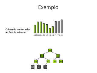 Exemplo
Colocando o maior valor
no final do subvetor
 