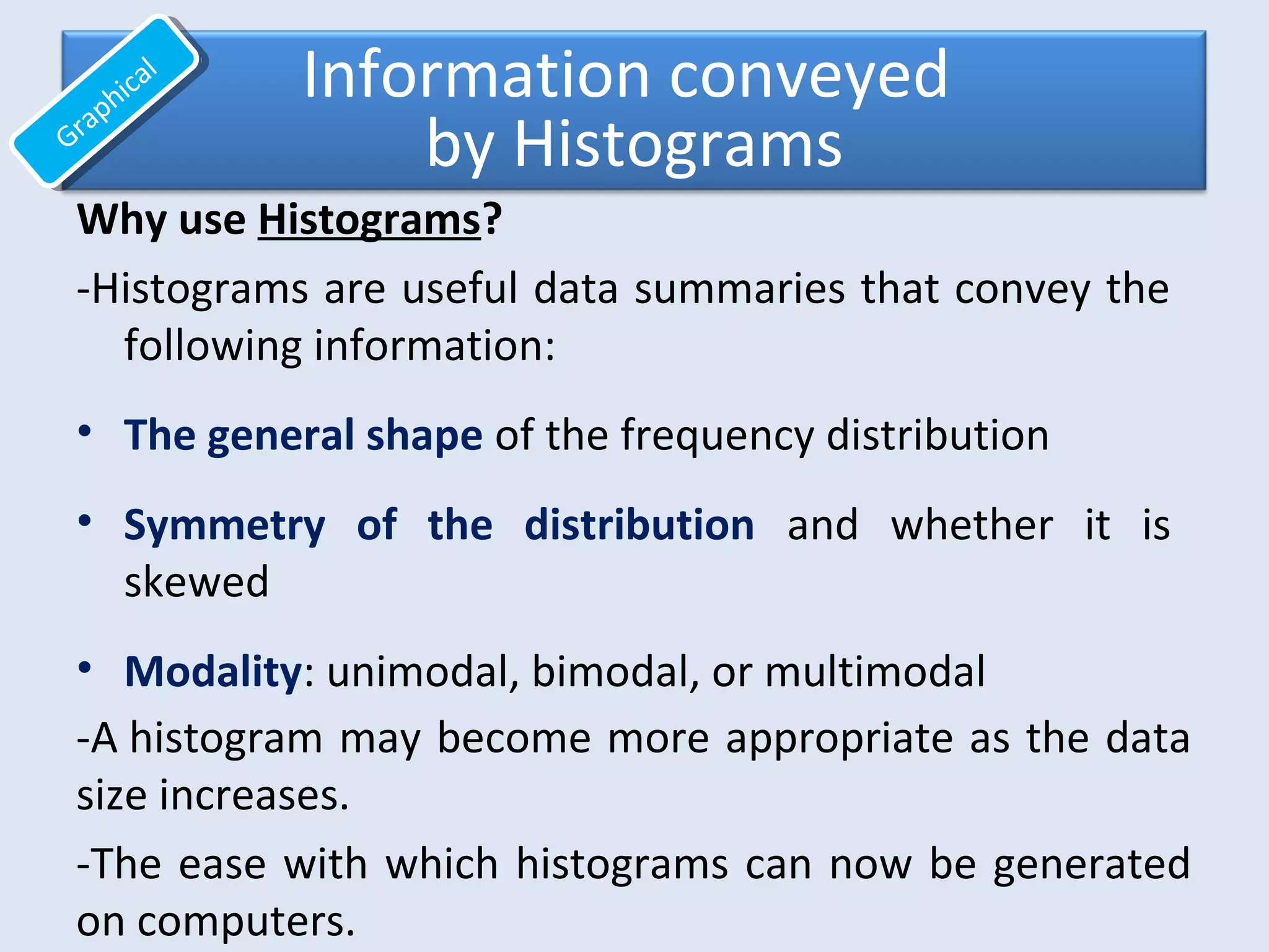 Information conveyed
by Histograms
Why use Histograms?
-Histograms are useful data summaries that convey the
following information:
• The general shape of the frequency distribution
• Symmetry of the distribution and whether it is
skewed
• Modality: unimodal, bimodal, or multimodal
Graphical
Graphical
-A histogram may become more appropriate as the data
size increases.
-The ease with which histograms can now be generated
on computers.
 