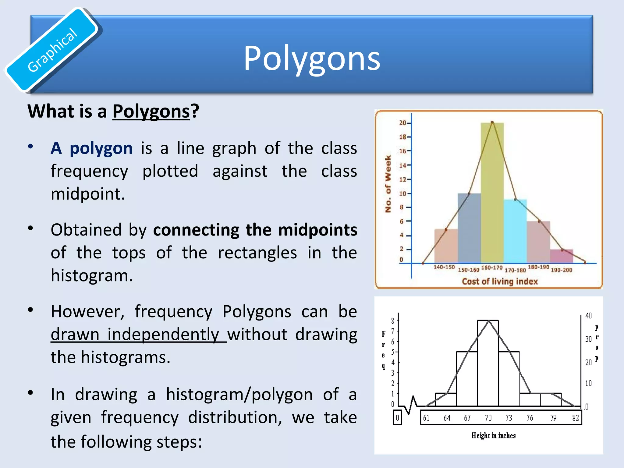 Polygons
What is a Polygons?
• A polygon is a line graph of the class
frequency plotted against the class
midpoint.
• Obtained by connecting the midpoints
of the tops of the rectangles in the
histogram.
• However, frequency Polygons can be
drawn independently without drawing
the histograms.
• In drawing a histogram/polygon of a
given frequency distribution, we take
the following steps:
Graphical
Graphical
 