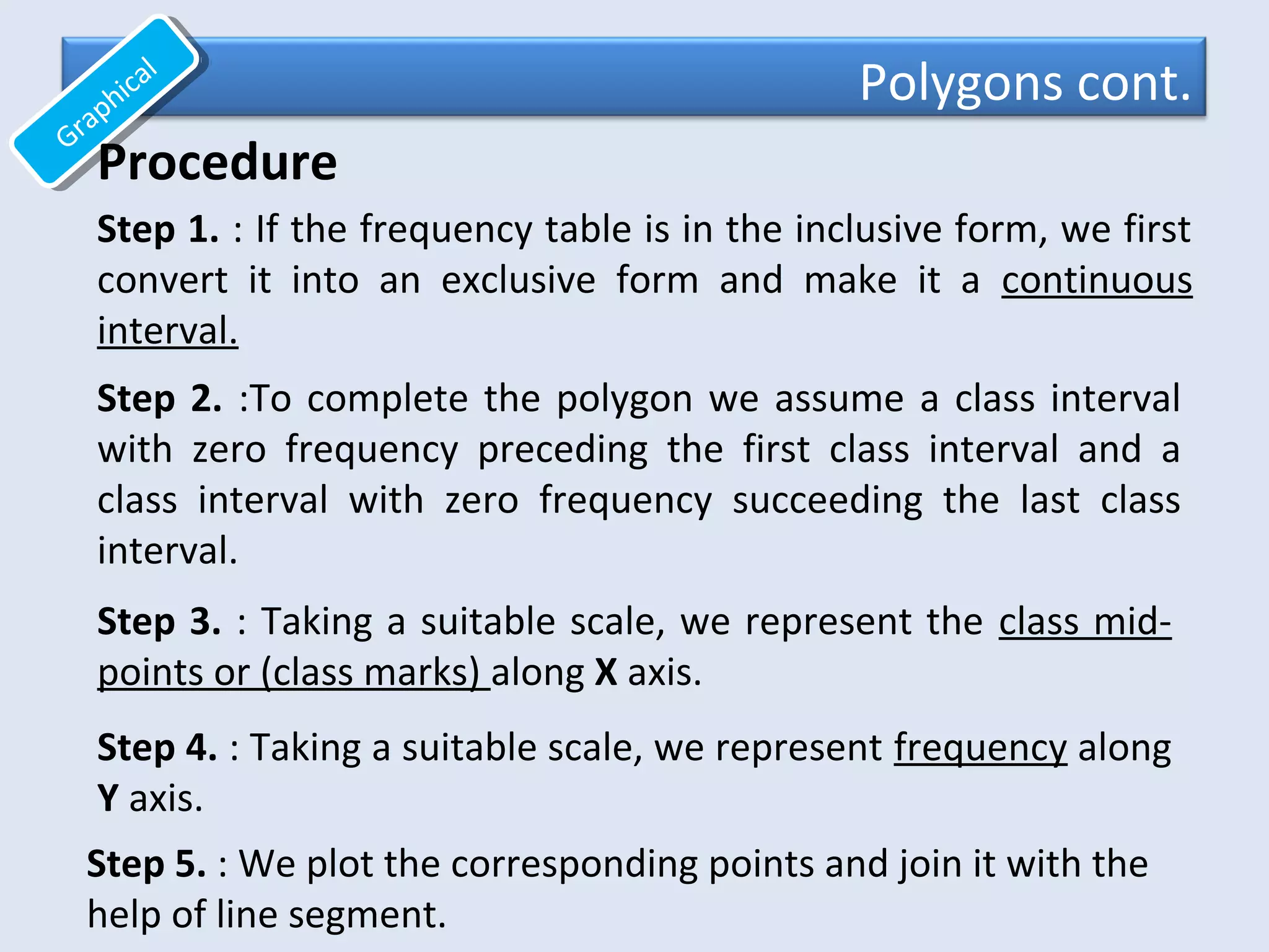 Polygons cont.
Graphical
Graphical
Step 1. : If the frequency table is in the inclusive form, we first
convert it into an exclusive form and make it a continuous
interval.
Step 2. :To complete the polygon we assume a class interval
with zero frequency preceding the first class interval and a
class interval with zero frequency succeeding the last class
interval.
Step 3. : Taking a suitable scale, we represent the class mid-
points or (class marks) along X axis.
Step 4. : Taking a suitable scale, we represent frequency along
Y axis.
Step 5. : We plot the corresponding points and join it with the
help of line segment.
Procedure
 