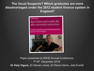 The Usual Suspects? Which graduates are more
disadvantaged under the 2012 student finance system in
England?
Paper presented at SRHE Annual Conference,
7th-9th December 2016.
Dr Katy Vigurs, Dr Steven Jones, Dr Diane Harris, Julia Everitt
 