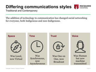 Differing communications styles
Was Local,
now Virtual
Was
Synchronous,
now
Asynchronous
Was One on
One, now
Broadcast
Was...