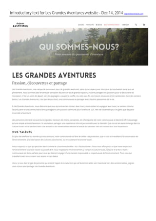 Introductory text for Les Grandes Aventures website - Dec 14, 2014 lesgrandesaventures.com
 