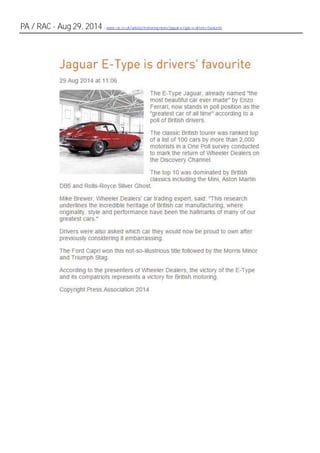 PA / RAC - Aug 29, 2014 - www.rac.co.uk/advice/motoring-news/jaguar-e-type-is-drivers-favourite
 