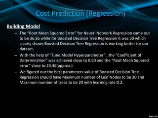 Cost Prediction (Regression)
Building Model
– The “Root Mean Squared Error” for Neural Network Regression came out
to be 36.85 while for Boosted Decision Tree Regression it was 30 which
clearly shows Boosted Decision Tree Regression is working better for our
dataset.
– With the help of “Tune Model Hyperparameter” , the “Coefficient of
Determination” was achieved close to 0.50 and the “Root Mean Squared
error” close to 23.46(approx.)
– We figured out the best parameters value of Boosted Decision Tree
Regression should have Maximum number of Leaf Nodes to be 20 and
Maximum number of trees to be 20 with learning rate 0.2.
 