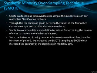Synthetic Minority Over-Sampling Technique
(SMOTE)
• Smote is a technique employed to over sample the minority class in our
multi-class Classification problem.
• Through this the immense gap in between the values of the four policy
classes in comparison to other classes was reduced.
• Smote is a common data manipulation technique for increasing the number
of cases to create a more balanced dataset.
• Since the instances of policy number 4 is almost seven times less than the
instances of policy 3, we increased the SMOTE sampling to 300% which
increased the accuracy of the classification model by 15%.
 