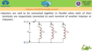 Inductors in Parallel Not mutually connected
Inductors are said to be connected together in Parallel when both of their
terminals are respectively connected to each terminal of another inductor or
inductors:
 