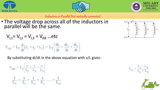 Inductors in Parallel Not mutually connected
• The voltage drop across all of the inductors in
parallel will be the same.
VL1= VL2 = VL3 = VAB …etc
By substituting di/dt in the above equation with v/L gives:
 