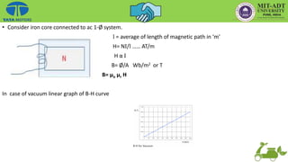 • Consider iron core connected to ac 1-Ø system.
l = average of length of magnetic path in ‘m’
H= NI/l …… AT/m
H α I
B= Ø/A Wb/m2 or T
B= µo µr H
In case of vacuum linear graph of B-H curve
 
