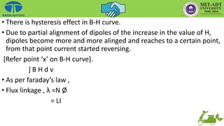 • There is hysteresis effect in B-H curve.
• Due to partial alignment of dipoles of the increase in the value of H,
dipoles become more and more alinged and reaches to a certain point,
from that point current started reversing.
[Refer point ‘x’ on B-H curve].
ʃ B H d v
• As per faraday’s law ,
• Flux linkage , λ =N Ø
= LI
 
