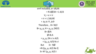 emf included, e= dλ/dt
= N dØ/dt = L di/d
Vt = e + ir
= ir + L 2di/dE
• As H ↑, B↑
Therefore , H= NI/l
B= µo µr H = µo µr (NI/l)
B= Ø/A
Ø=B.A
= µo µr (N x i x A/l)
= (µo µr A/l) N x I
But λ= NØ
=N [(µo µr A/l) Nx I]
λ= N2 (µo µr A/l) I
 