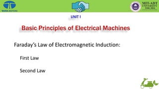 UNIT I
Basic Principles of Electrical Machines
Faraday’s Law of Electromagnetic Induction:
First Law
Second Law
 