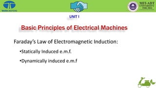 UNIT I
Basic Principles of Electrical Machines
Faraday’s Law of Electromagnetic Induction:
•Statically Induced e.m.f.
•Dynamically induced e.m.f
 