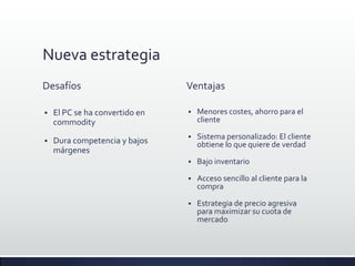 Nueva estrategia
Desafíos                        Ventajas

   El PC se ha convertido en      Menores costes, ahorro para el
    commodity                       cliente

                                   Sistema personalizado: El cliente
   Dura competencia y bajos        obtiene lo que quiere de verdad
    márgenes
                                   Bajo inventario

                                   Acceso sencillo al cliente para la
                                    compra

                                   Estrategia de precio agresiva
                                    para maximizar su cuota de
                                    mercado
 