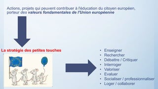 La stratégie des petites touches
Actions, projets qui peuvent contribuer à l'éducation du citoyen européen,
porteur des valeurs fondamentales de l'Union européenne
• Enseigner
• Rechercher
• Débattre / Critiquer
• Interroger
• Valoriser
• Evaluer
• Socialiser / professionnaliser
• Loger / collaborer
 